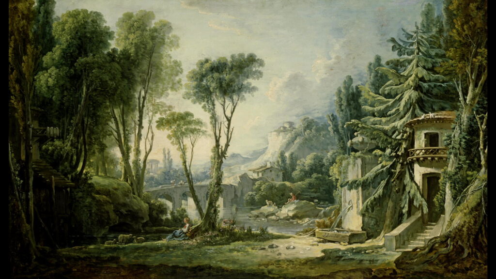 François Boucher & Haendel - Paysage avec bergers et rivière