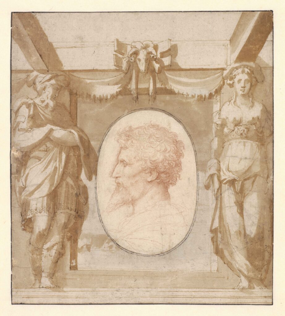 Girolamo Francesco Maria Mazzola, dit Il Parmigianino ou Le Parmesan (1503-1540), Portrait de Valerio Belli de profil, montage de Giorgio Vasari ou son atelier, vers 1520-1525. Dessin italien