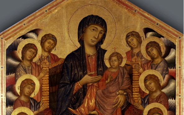 La Maestà. Oeuvre de Cimabue, 1275-1300, représentant la vierge Marie portant son fils Jésus, entourée d'anges